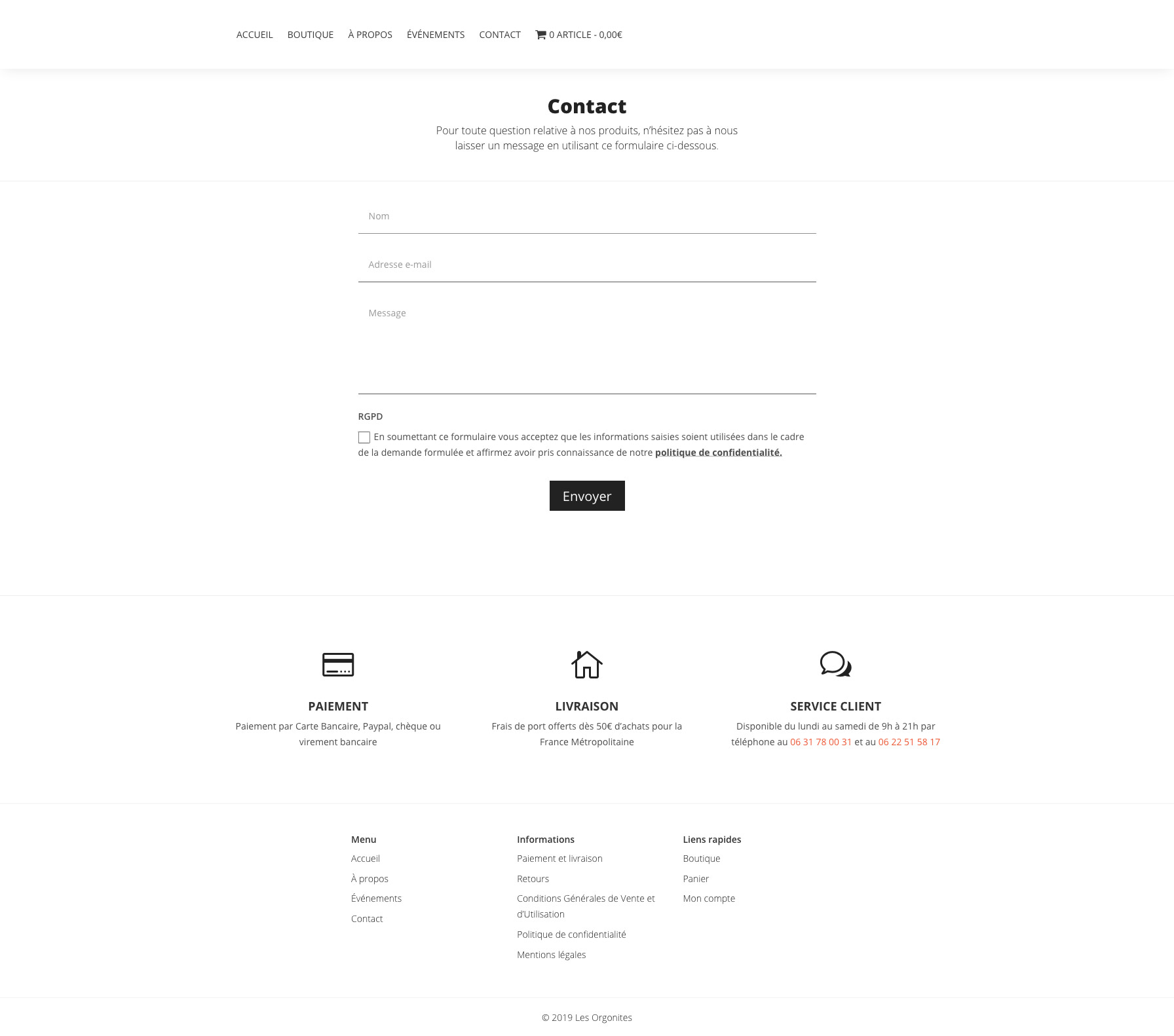 Page de contact du site web e-commerce les-orgonites.com